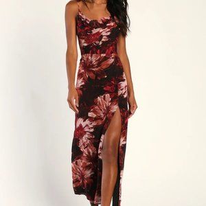 Lulu's Flowery Passion Black Floral Print Cowl Neck Midi Dress